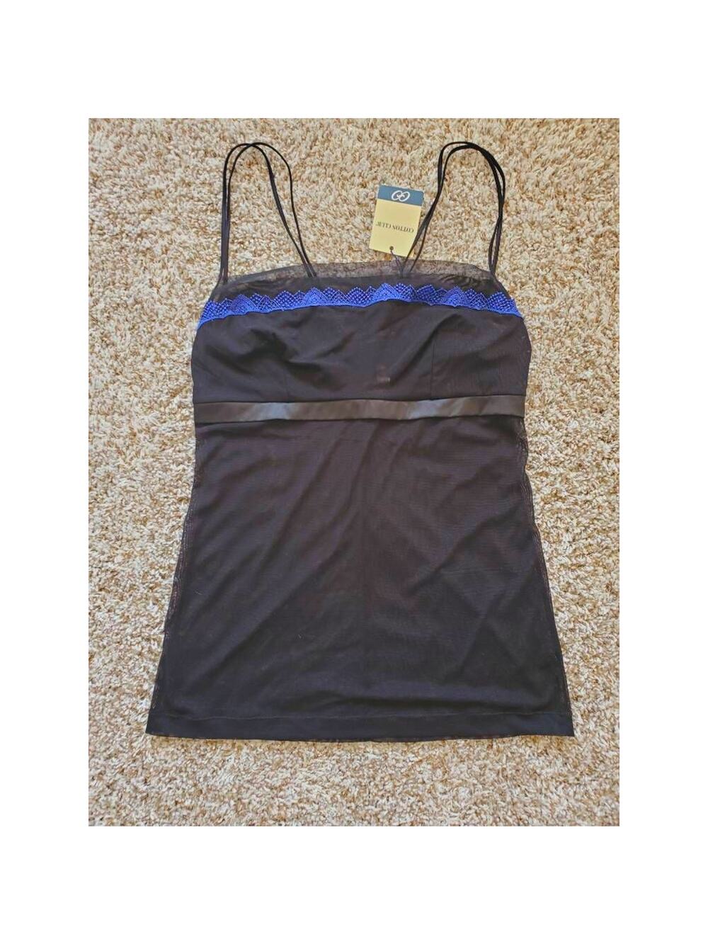 Cotton Club Camisole Top Slip Black Blue Lace Spaghetti Strap Stretch S New